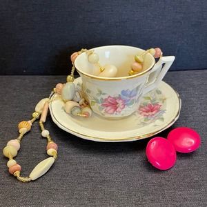 Vintage Tea Cup Necklace and Earrings Bundle Set Collection